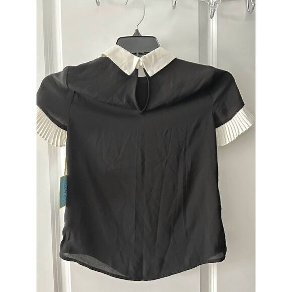 CECE Women's Short Sleeve Color Blocked Collared Blouse Black and White - Picture 9 of 12